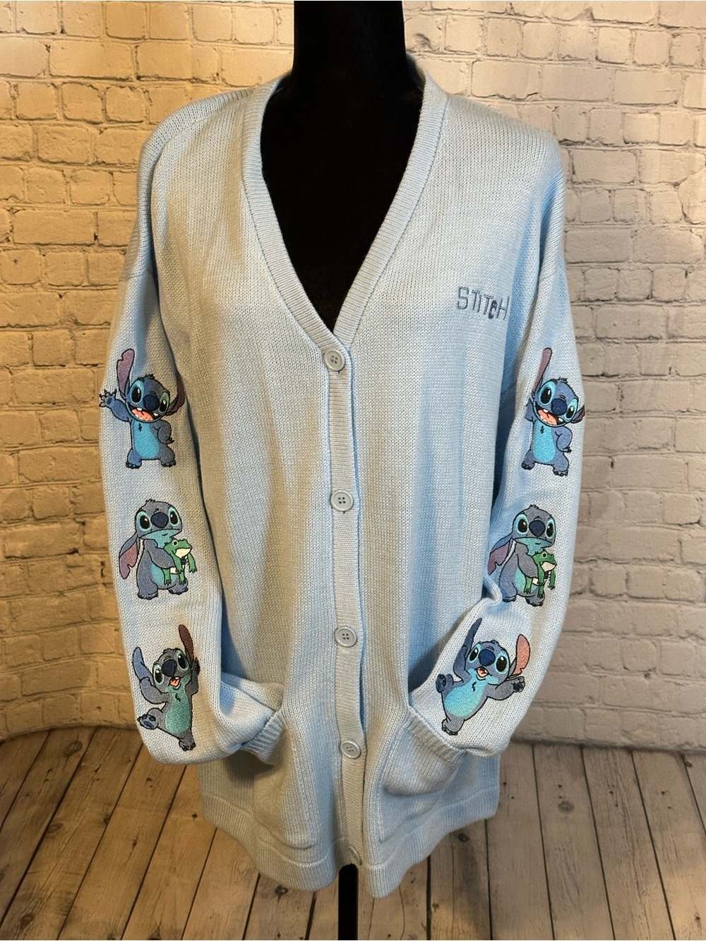 Disney Light Blue Stitch Embroidered Button Cardigan